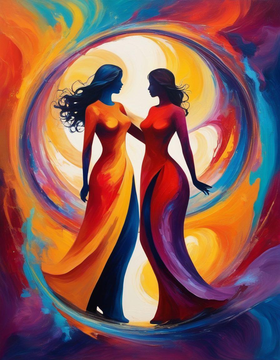 A sensual and artistic representation of two abstract figures intertwining, set against a backdrop of swirling colors that evoke excitement and adventure. Include elements that symbolize exploration, such as a keyhole or an open door, suggesting discovery of new experiences. The overall mood should be playful yet elegant, inviting curiosity and intrigue. vibrant colors. abstract art.
