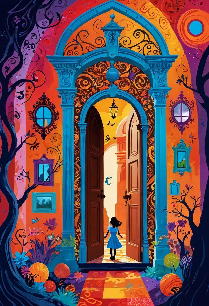 A whimsical and vibrant illustration of a playful yet adventurous scene with elaborate doorways and hidden pathways, symbolizing exploration in a fantastical landscape. Include silhouettes of adventurous figures cautiously peeking into colorful rooms filled with intriguing objects and hints of mystery. Capture an atmosphere of excitement and curiosity with a backdrop of swirling patterns and vibrant colors. Incorporate elements of fantasy and exploration, creating a captivating allure. digital painting. vibrant colors. whimsical style.